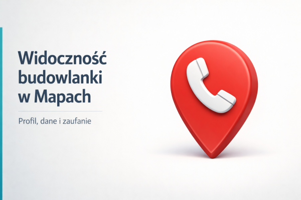Minimalistyczna grafika o widoczności firmy budowlanej w Google Maps z ikoną pinezki i symbolem telefonu na jasnym tle.