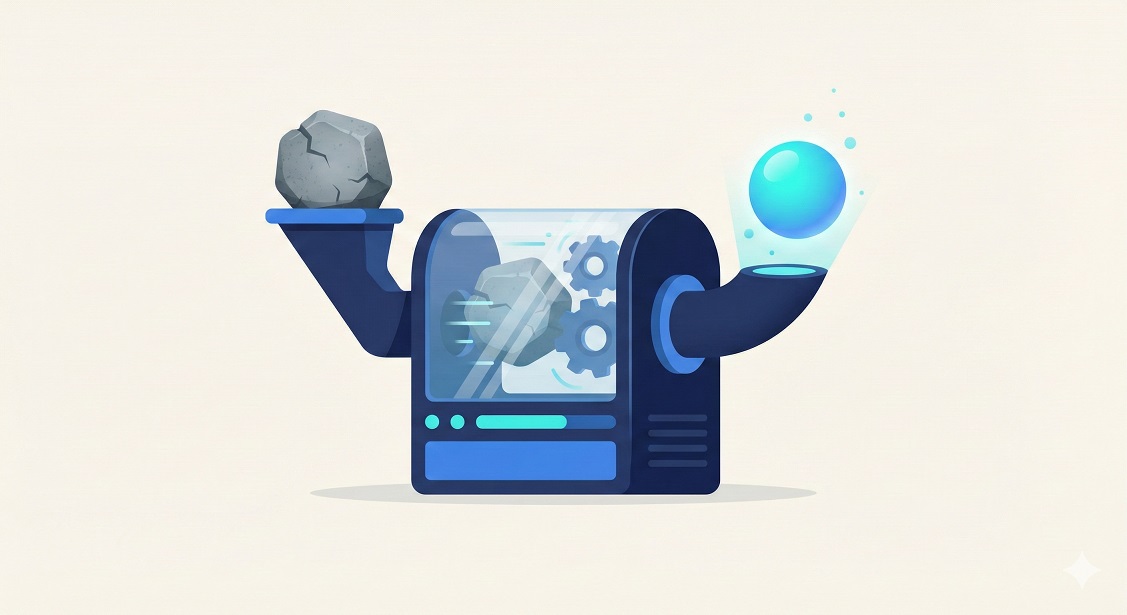 Minimalistyczna ilustracja 3D-flat przedstawiająca proces kompresji plików graficznych do nowoczesnych formatów WebP i AVIF w celu optymalizacji szybkości ładowania strony fotografa.