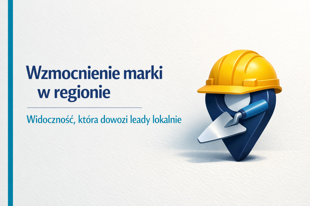 Grafika promująca pozycjonowanie lokalne dla firm budowlanych – widoczność w regionie, rozpoznawalność marki i leady lokalne.