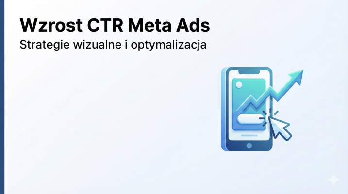 Minimalistyczna grafika z nagłówkiem „Wzrost CTR Meta Ads”. Po prawej ikona kursora klikającego w mobilną reklamę ze strzałką wzrostu, symbolizującą wyższą klikalność.