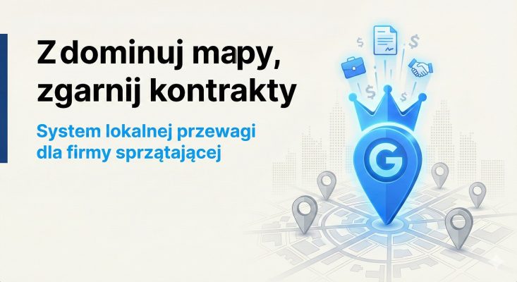 Grafika biznesowa w stylu editorial tech z napisem „Zdominuj mapy, zgarnij kontrakty”, przedstawiająca dużą, zwycięską pineskę Google Maps generującą kontrakty B2B dla firmy sprzątającej.