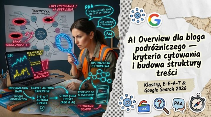 Schemat cytowania bloga podróżniczego w AI Overview Google — mechanizm selekcji treści travel przez model Gemini