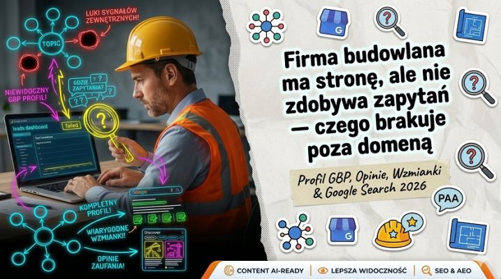 kolaż przedstawiający analizę SEO dla firmy budowlanej. Po lewej specjalista w kasku przy laptopie analizuje luki w sygnałach zewnętrznych (neonowe strzałki i diagramy). Po prawej tytuł na teksturze papieru: „Firma budowlana ma stronę, ale nie zdobywa zapytań”, otoczony ikonami Profilu Firmy w Google, opinii oraz klastrów tematycznych.