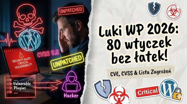 bezpieczeństwa WordPress w 2026 roku. Przedstawia zaniepokojonego właściciela strony analizującego alerty CVE i CVSS 9.8.