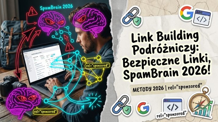 Cyfrowy kolaż w stylu mixed media przedstawiający link building dla bloga podróżniczego. Po lewej bloger przy laptopie z neonowymi schematami SpamBrain i atrybutami rel="sponsored". Po prawej na teksturze naderwanego papieru tytuł: „Link Building Podróżniczy: Bezpieczne Linki, SpamBrain 2026!” otoczony naklejkami z logo Google, kompasem i ikonami linków.