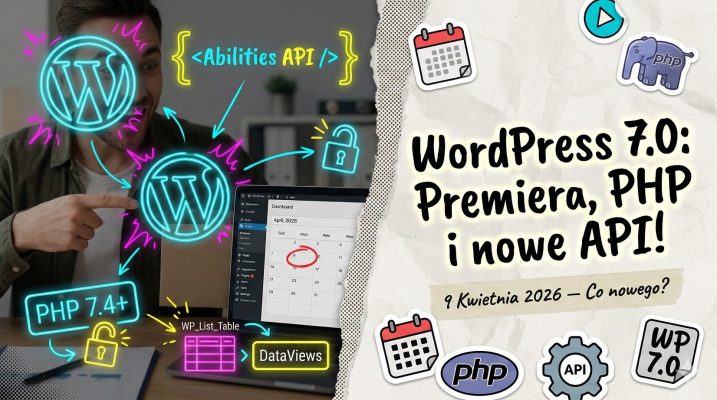 WordPress 7.0. Deweloper wskazuje datę premiery 9 kwietnia 2026 w kalendarzu. Widoczne neonowe elementy: logo WordPress, napisy Abilities API oraz PHP 7.4+.