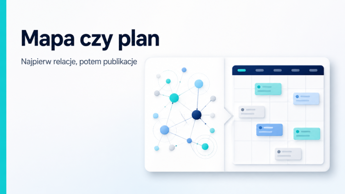 Grafika pokazuje różnicę między topical map jako mapą relacji tematów a content planem jako harmonogramem publikacji.