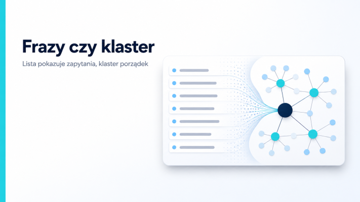 Grafika pokazuje listę long tail keywords przechodzącą w klaster tematów, czyli różnicę między frazami a strukturą bloga