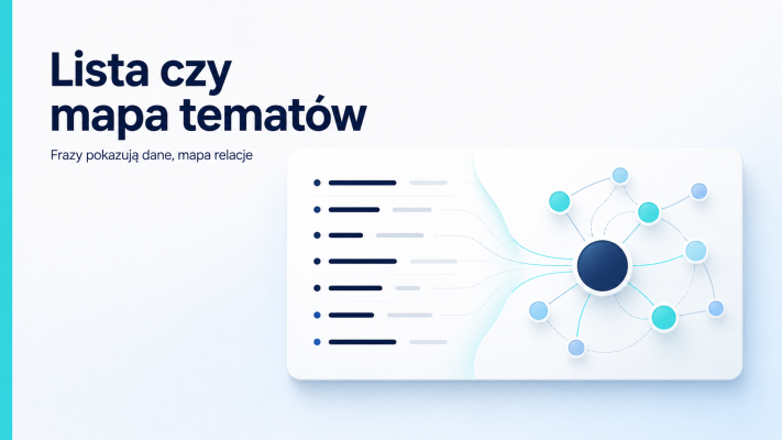 Grafika pokazuje przejście od listy słów kluczowych do topical map jako sieci relacji tematów, intencji i klastrów.
