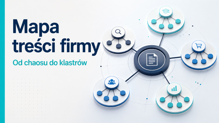 Grafika przedstawia mapę klastrów treści firmy z węzłami tematycznymi, symbolizującą porządkowanie publikacji pod topical map.