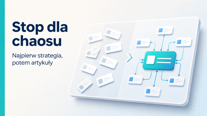Grafika pokazująca przejście od chaotycznych artykułów blogowych do uporządkowanej strategii tematów i mapy treści.