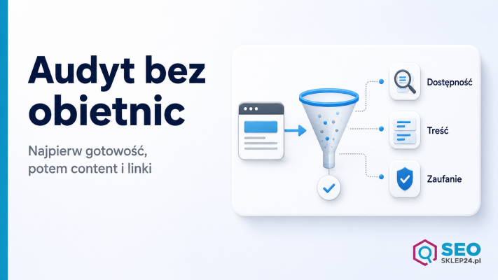 Grafika do artykułu o audycie AI Search pokazująca kartę diagnostyczną gotowości strony przed contentem i linkami.