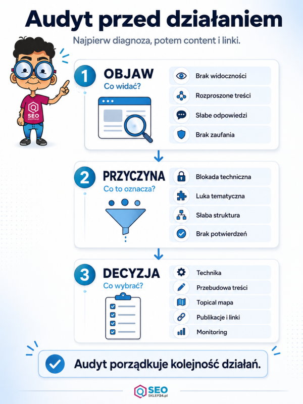 Infografika pokazująca audyt AI Search jako proces od objawu przez przyczynę do decyzji o technice, treści, mapie i linkach.