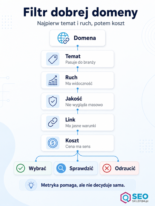 Infografika pokazuje filtr wyboru domeny do artykułu sponsorowanego przez temat, ruch, jakość, link i koszt.