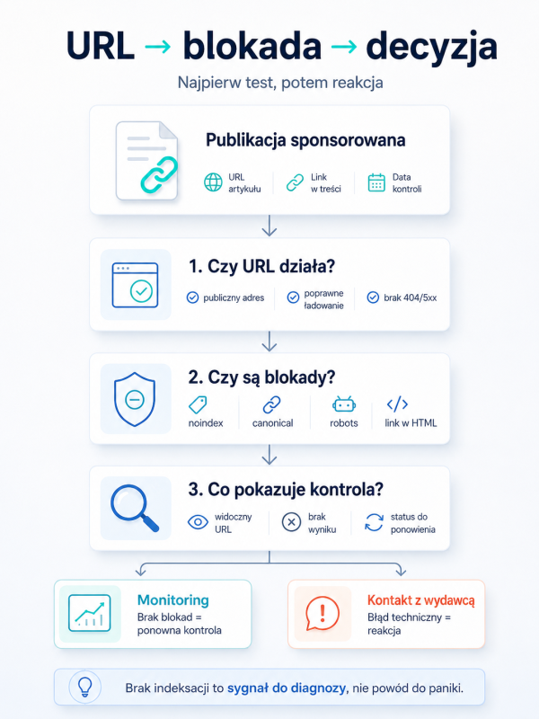 Infografika pokazuje filtr kontroli indeksacji publikacji sponsorowanej: URL, blokady techniczne, monitoring i kontakt z wydawcą.