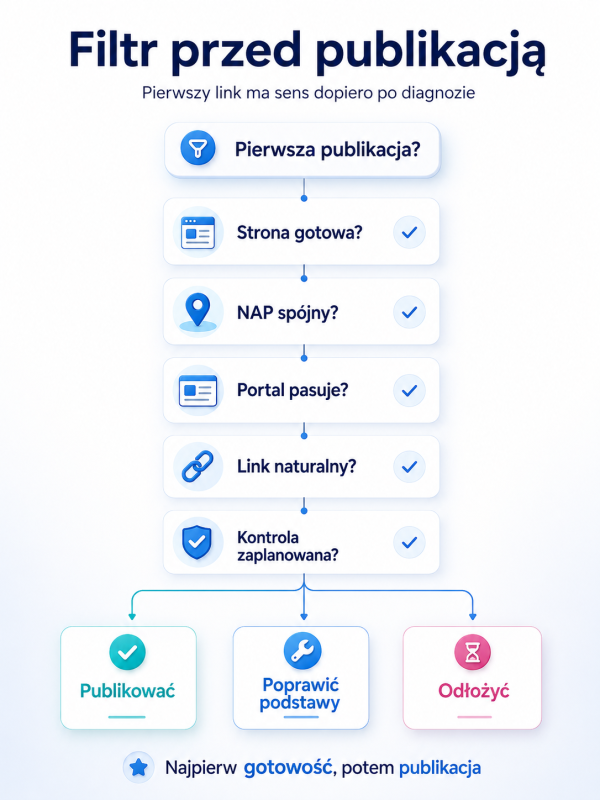 Infografika pokazuje filtr decyzji przed pierwszą publikacją sponsorowaną lokalnie: strona, NAP, portal, link i kontrola.