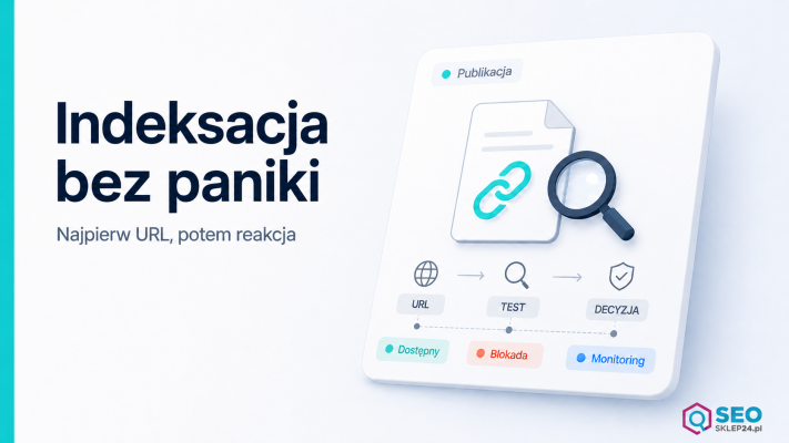 Grafika pokazuje kontrolę indeksacji linków po publikacji sponsorowanej przez sprawdzenie URL, blokad i monitoringu.