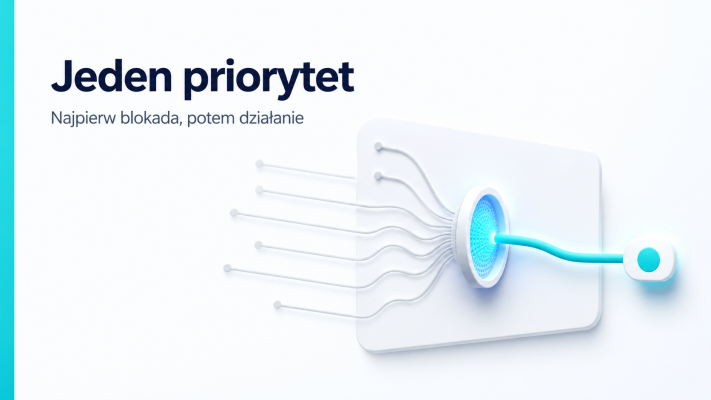 Minimalistyczna grafika pokazująca wybór jednego priorytetu SEO przy małym budżecie przez filtr blokady widoczności.