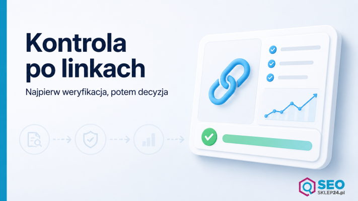 Grafika pokazuje kontrolę linków SEO po zakupie: raport, checklistę i sygnały monitoringu strony docelowej bez chaosu.