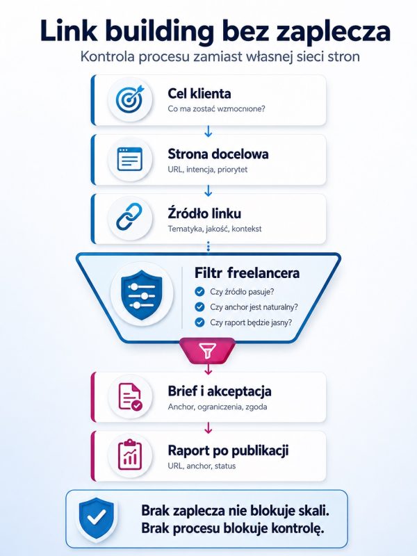 Infografika pokazuje proces link buildingu freelancera SEO bez zaplecza: cel klienta, źródło linku, brief, akceptację i raport.