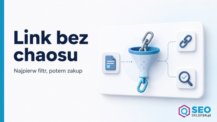 Grafika pokazuje filtr budżetowy link buildingu z kartą diagnostyczną, ikoną linku, strony docelowej i kontroli po publikacji.