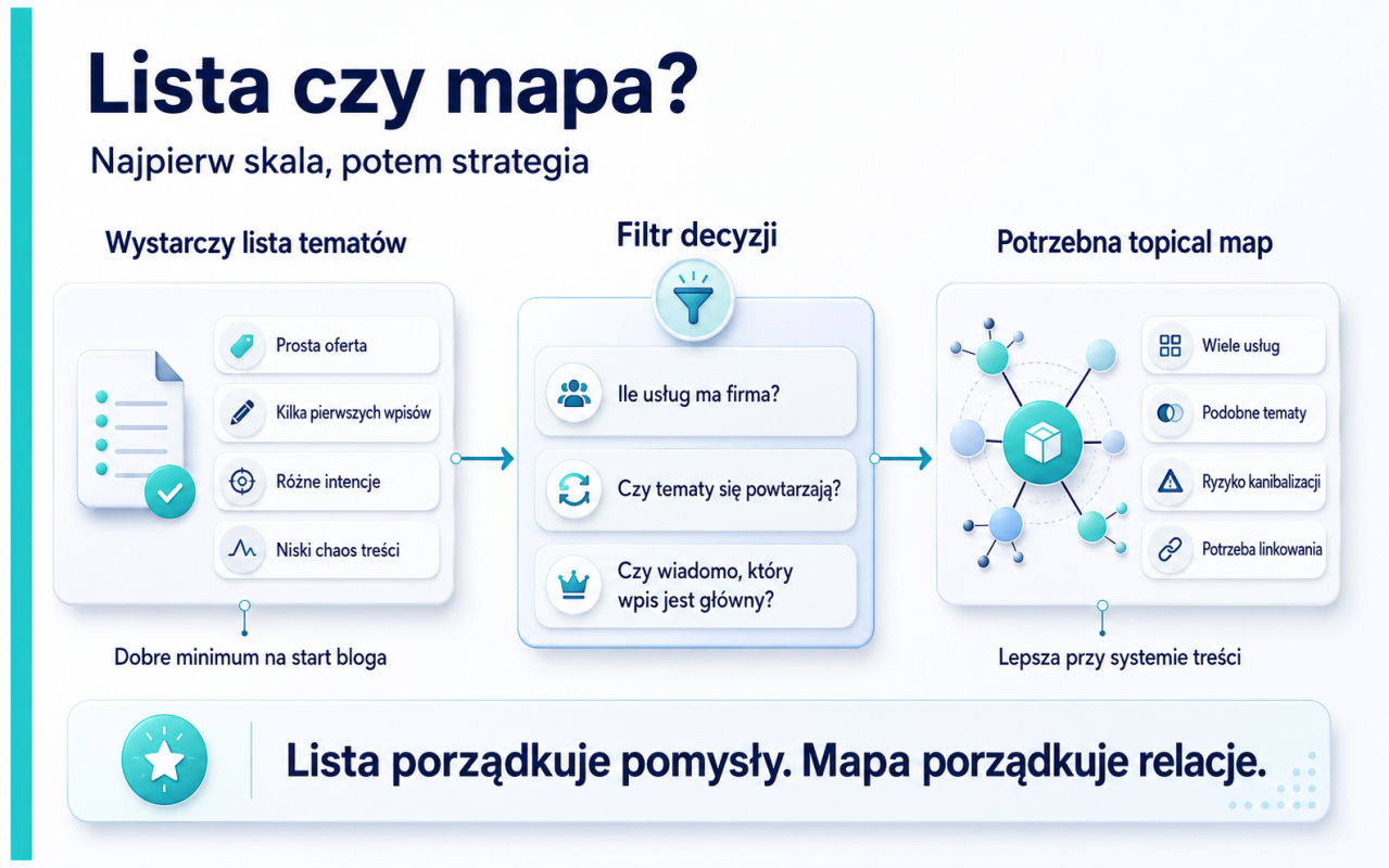 Infografika pokazuje filtr decyzji: kiedy wystarczy lista tematów, a kiedy potrzebna jest topical map relacji.