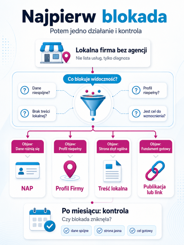 Infografika pokazuje filtr wyboru pierwszego działania SEO dla lokalnej firmy bez agencji: NAP, Profil Firmy, treść i linki.