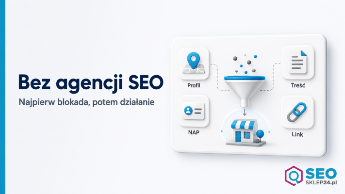Grafika pokazuje filtr pierwszego działania SEO dla lokalnej firmy bez agencji: Profil Firmy, NAP, treść lokalna i linki.
