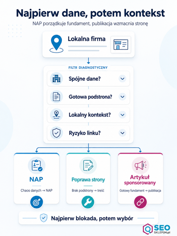 Infografika pokazuje filtr wyboru między NAP, poprawą strony i artykułem sponsorowanym w lokalnym SEO.