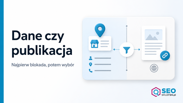 Grafika pokazuje wybór między NAP a artykułem sponsorowanym w lokalnym SEO jako filtr danych i publikacji.