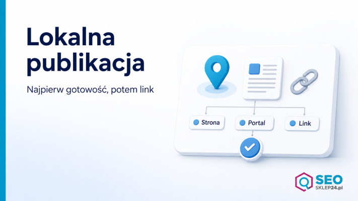 Grafika pokazuje kartę decyzyjną lokalnej publikacji sponsorowanej: strona, portal i link jako warunki pierwszego kroku SEO.
