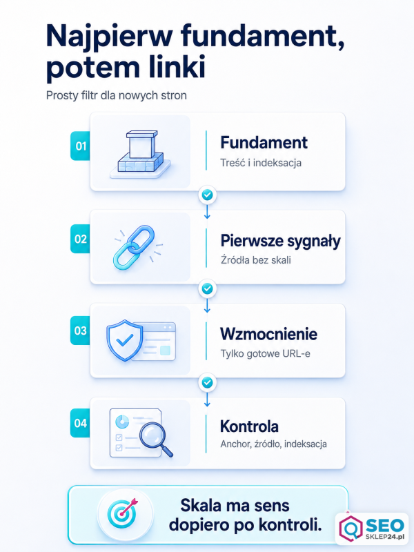 Infografika pokazuje proces pierwszych 90 dni link buildingu dla nowej strony: fundament, pierwsze sygnały, wzmocnienie i kontrolę.