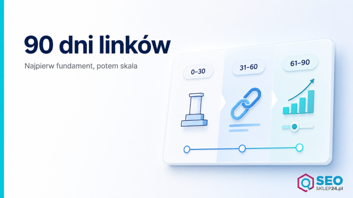 Grafika pokazuje harmonogram 90 dni link buildingu dla nowej strony z etapami fundamentu, pierwszych linków i kontroli tempa.