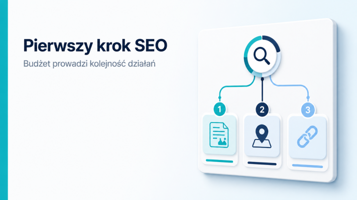 Grafika pokazuje kartę decyzji SEO dla wyboru pierwszego działania bez abonamentu przy małym budżecie firmy.