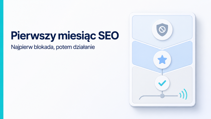 Grafika pokazuje kartę diagnostyczną pierwszego miesiąca SEO bez stałej umowy, z wyborem blokady, priorytetu i kontroli.