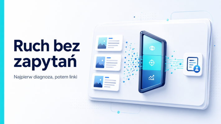 Grafika pokazuje kartę diagnostyczną bloga firmowego, w której ruch z artykułów jest oceniany przed decyzją o linkach.