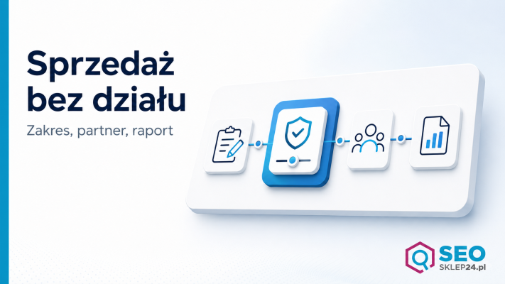 Grafika pokazująca model SEO reseller jako sprzedaż usług SEO bez własnego działu, z kartą zakresu, partnera i raportu.