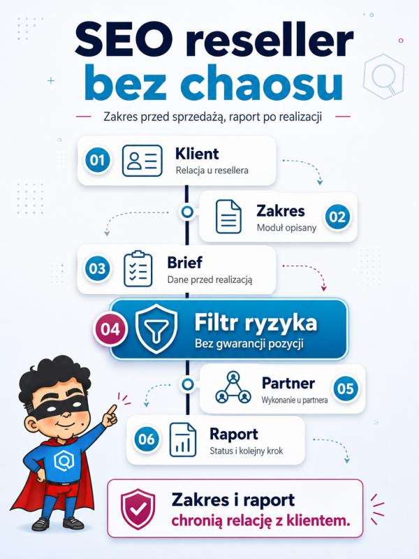 Infografika pokazująca proces SEO reseller: klient, zakres, brief, filtr ryzyka, partner i raport bez gwarancji pozycji.