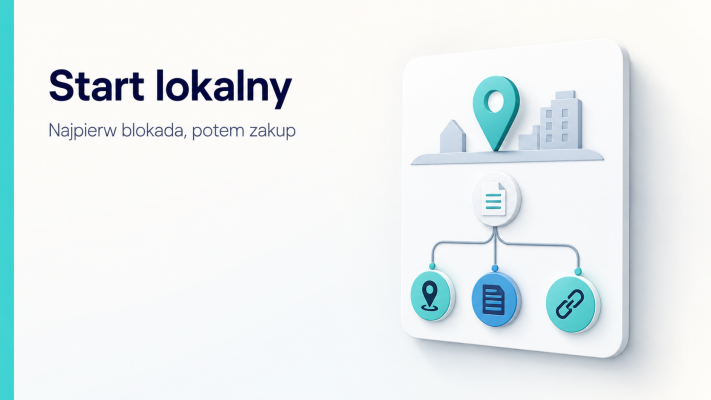 Grafika pokazuje kartę diagnostyczną lokalnej firmy i wybór pierwszego działania SEO: NAP, treści lub linków.