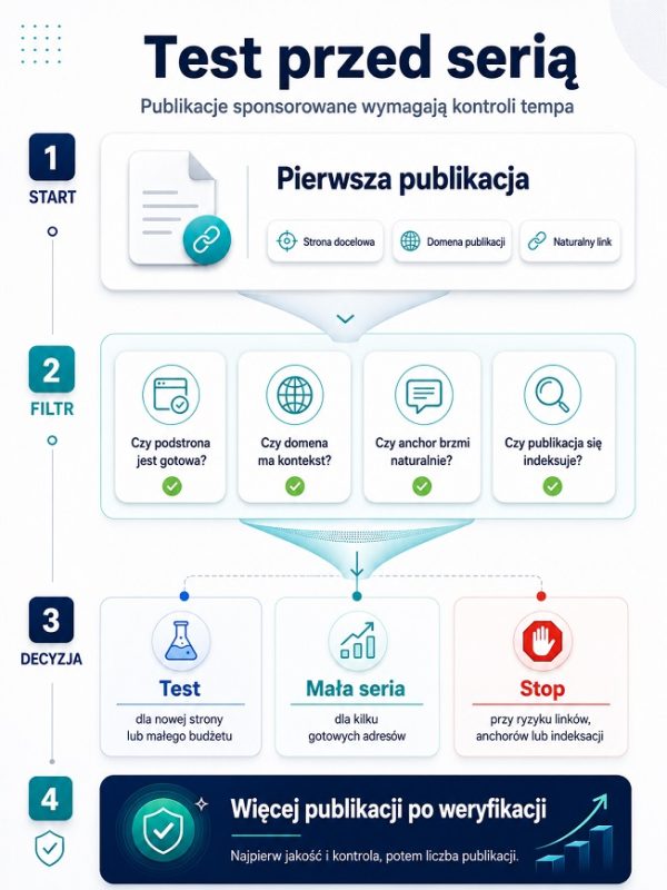 Infografika pokazuje filtr decyzji przed zwiększeniem liczby publikacji sponsorowanych na start.