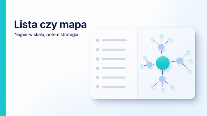 Grafika pokazuje różnicę między listą tematów a topical map jako kartę decyzyjną z listą i mapą relacji tematów.