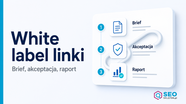 Grafika przedstawia proces white label link buildingu dla freelancera: brief, akceptację źródeł i raportowanie klientowi.