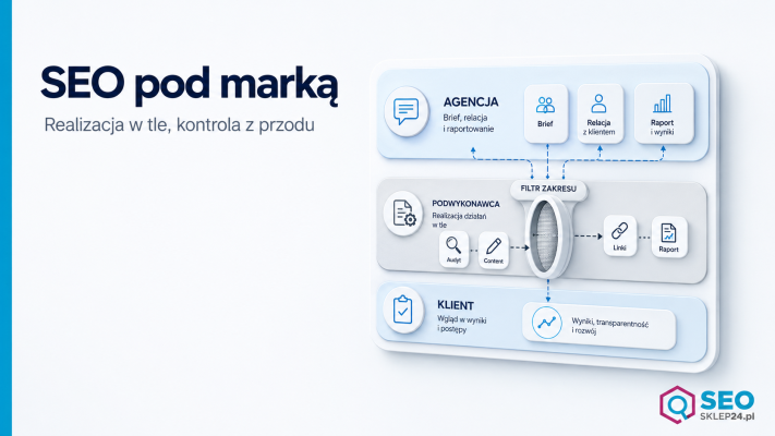 Grafika pokazuje model white label SEO dla agencji reklamowej z podziałem ról, zakresem prac i kontrolą raportu.
