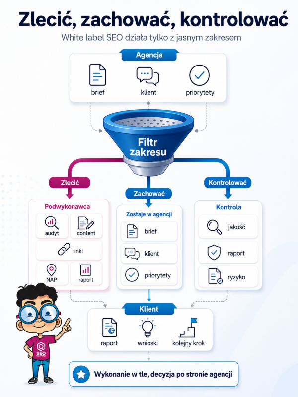 Infografika pokazuje filtr white label SEO dla agencji: co zlecić podwykonawcy, co zachować i co kontrolować.