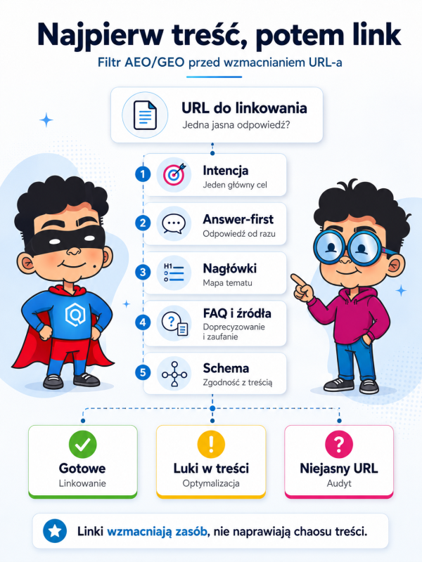 Infografika pokazująca filtr AEO i GEO przed linkowaniem: intencję, answer-first, nagłówki, FAQ, źródła, schema i decyzję.