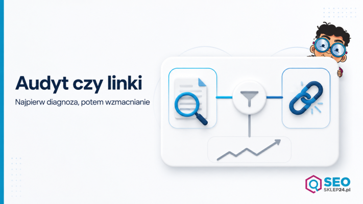 Grafika przedstawiająca decyzję audyt SEO czy link building, z kartą diagnostyczną i filtrem wyboru dla strony bez wzrostu w Google.