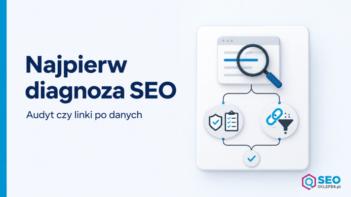 Grafika przedstawia kartę diagnostyczną SEO z wyborem między audytem a link buildingiem przy braku wzrostu w Google.