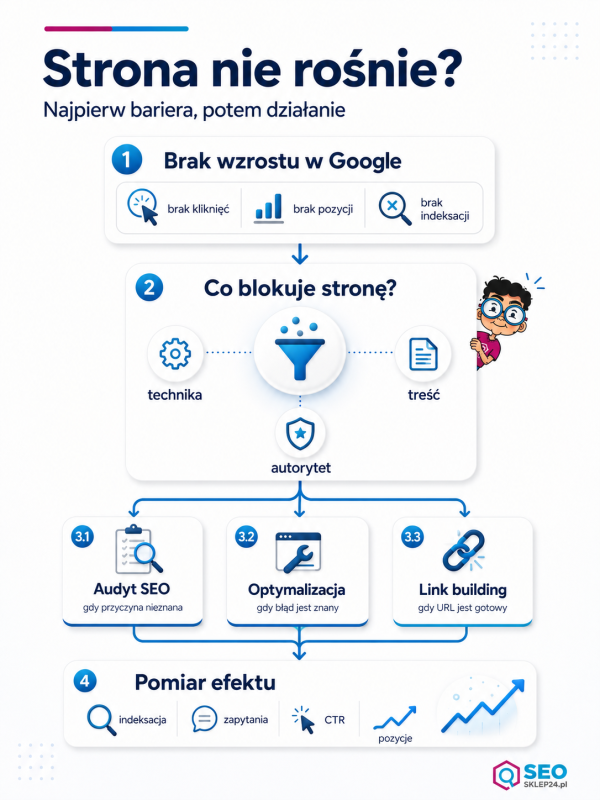 Infografika pokazująca filtr decyzyjny: audyt SEO, optymalizacja lub link building, gdy strona nie rośnie w Google.
