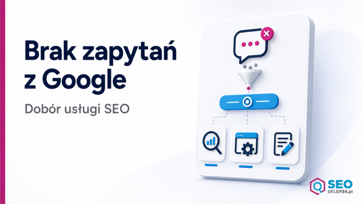 Grafika z panelem diagnostycznym pokazującym brak zapytań z Google i dobór usługi SEO po analizie problemu strony