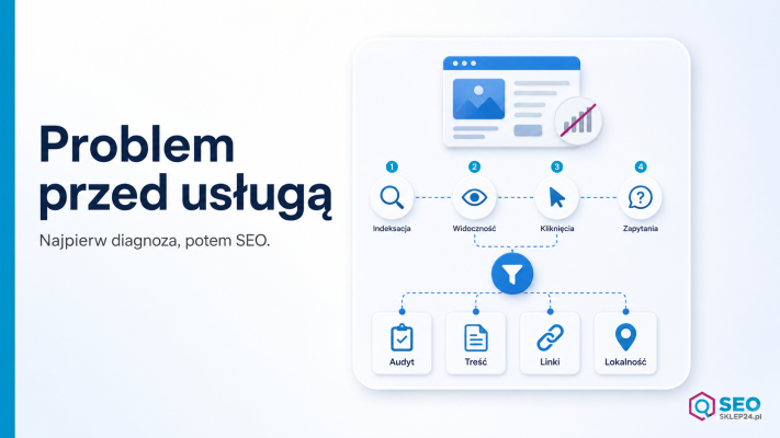 Grafika pokazuje filtr diagnostyczny SEO: objaw braku zapytań prowadzi przez indeksację, widoczność, kliknięcia i dobór usługi.